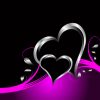 A purple hearts Valentines Day Background with silver hearts and flowers on a black background
